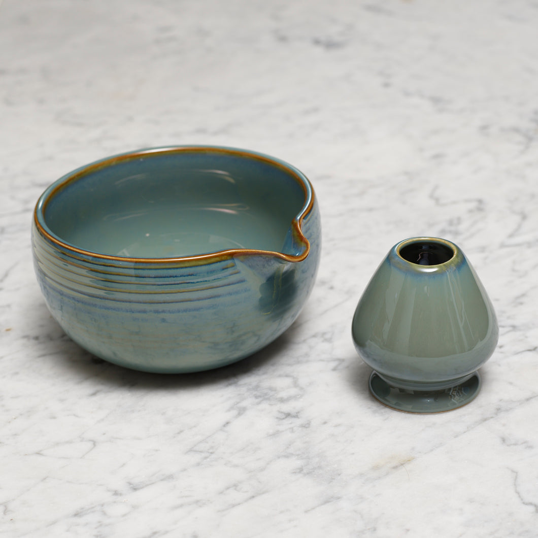Matcha Bowl & Holder - Blue with spout
